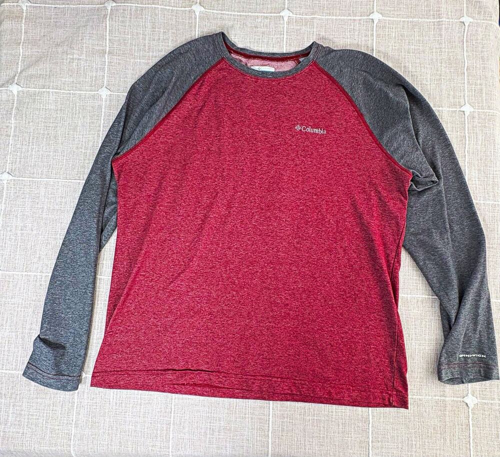 Columbia Omni-Wick Men L Colorblock Raglan Long Sleeve Crew T-Shirt Red Gray